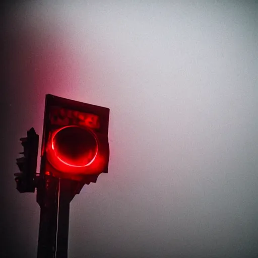 Image similar to A stunningly beautiful award-winning 8K high angle close up cinematic movie photograph of a red stop light in a spooky foggy empty lightless moonlit main intersection in an abandoned 1950s small town at night, by David Fincher and Darius Khonji. perfect composition, shot from roofline, moody low key backlit. Color palette from Seven, greens yellows and reds. 2 point perspective, high angle from 15 feet off the ground. Octane render