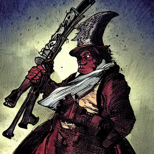 Image similar to a grouse holding a blunderbuss, comic book style, by frank miller, dramatic lighting, high quality, highly detailed