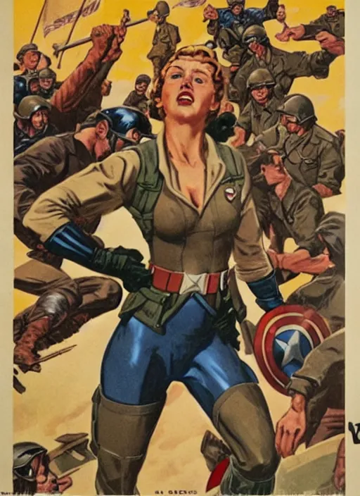 Image similar to beautiful female captain america standing on a pile of defeated german soldiers. feminist captain america wins wwii. american wwii propaganda poster by james gurney. anime.