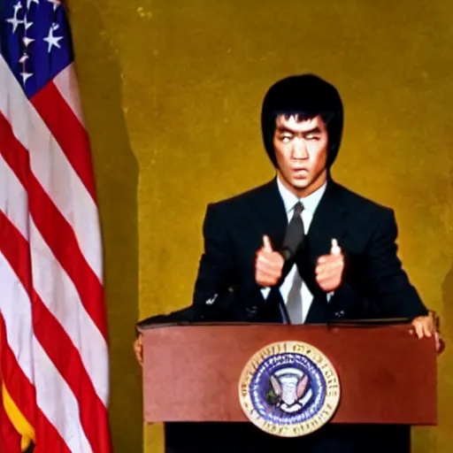 Image similar to bruce lee is president of the united states, wearing a suit, giving a speech, podium, bruce lee, state of the union, congress watching