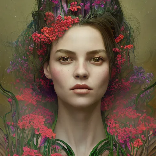 Image similar to biomorphic painting of a female with flowers, au naturel, hyper detailed, digital art, trending in artstation, cinematic lighting, studio quality, smooth render, unreal engine 5 rendered, octane rendered, art style by klimt and nixeu and ian sprigger and wlop and krenz cushart