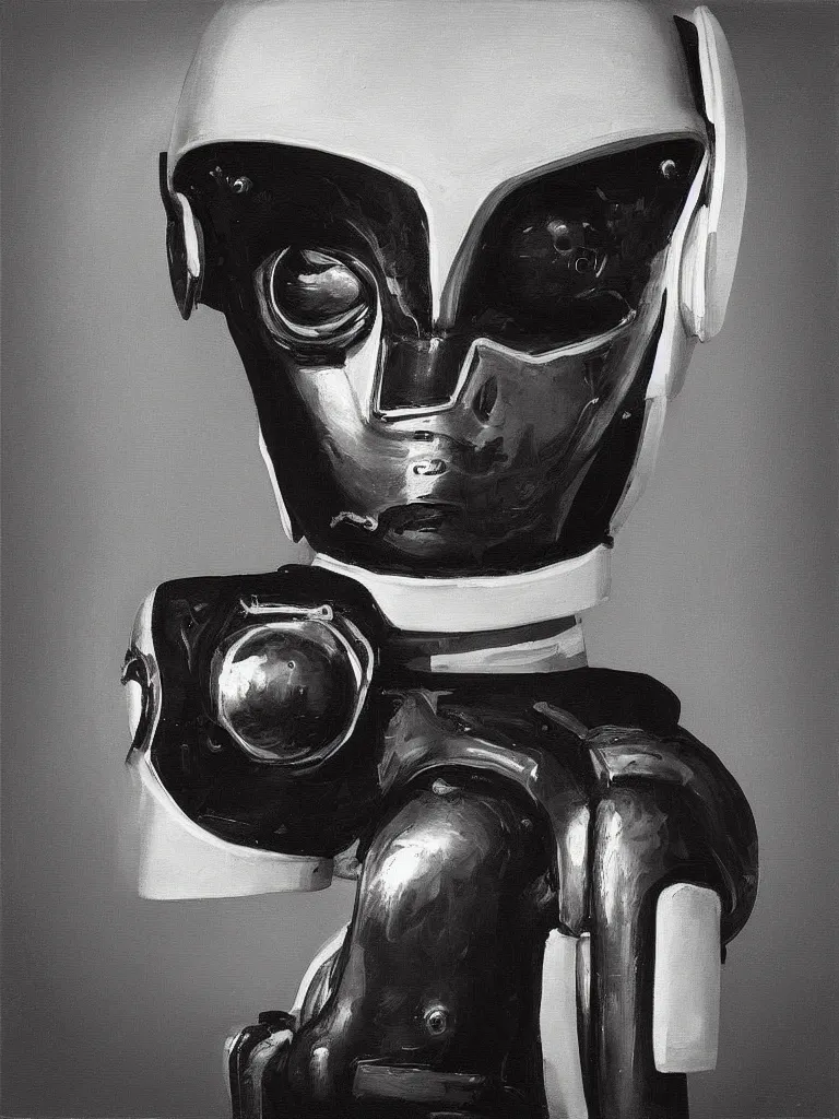 Image similar to “A perfectly centered beautiful black and white portrait oil painting of a retro-futuristic robot in Los Angeles”