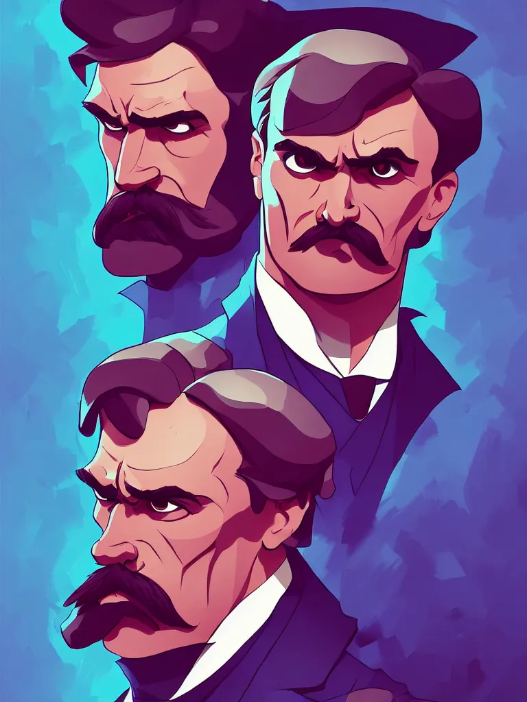 Prompt: Friedrich Nietzsche with a chiseled Jawline and serious Look in his Suit, in the Style of Artgerm and Ross Draws and Mike Mignola and Atey Ghailan, rimlight, vibrant colors, hard shadows, colorful, trending on artstation