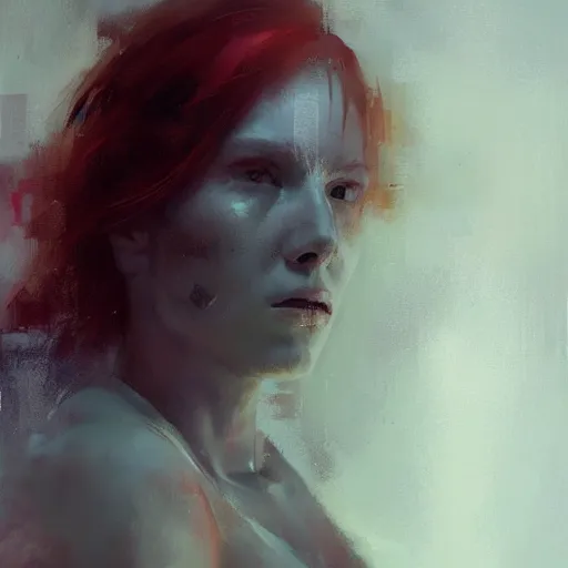 Prompt: detailed cinematic moody colors studio portrait of an attractive redhead cyborg female high quality by jeremy mann, only one full body single portrait
