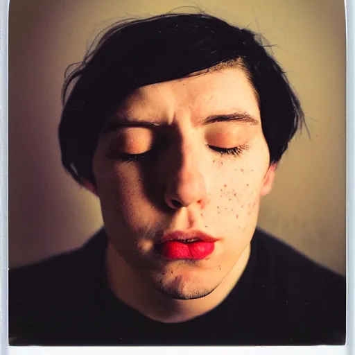 Image similar to a professional polaroid portrait fine art photo of a young adult man with an asymmetrical face with his eyes closed. the man has black hair, light freckled skin and a look of confusion on his face. extremely high fidelity. key light. in the style of gilbert & george.