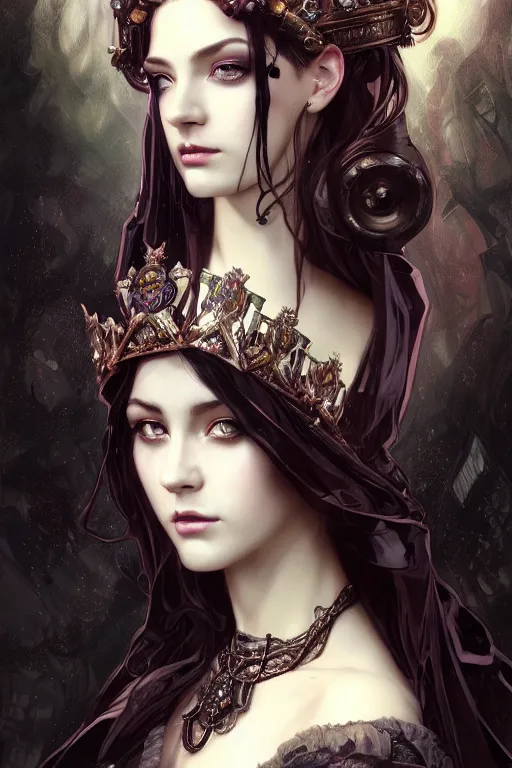 Image similar to beautiful and luxury and victorian and gothic and dieselpunk young medieval dark crown princess portrait like blackpink lisa+smoky eyes+front face with light flowing hair, ultradetail face, art and illustration by tian zi and craig mullins and WLOP and alphonse mucha, fantasy, intricate complexity, human structure, human anatomy, fantasy character concept, watermark, blurry, hyperrealism 8k