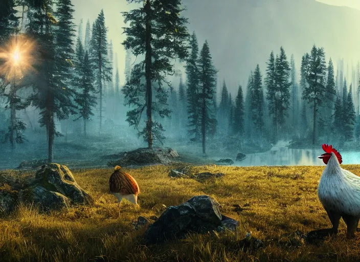 Prompt: epic crystalline forest with a lake, rooster, golden hour, misty ground, rocky ground, distant mountains, atmospheric perspective, altostratus clouds, planets, cinematic, 3 5 mm lens, anamorphic lens flare, photographic, octane render, cinematography by roger deakins, in the style of ansel adams