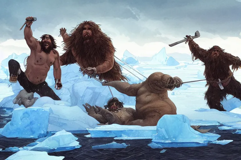 Prompt: a walrus fighting a caveman among on sea ice, stark lighting, water color, art by artgerm and greg rutkowski and alphonse mucha and jin xiaodi and anthony devine