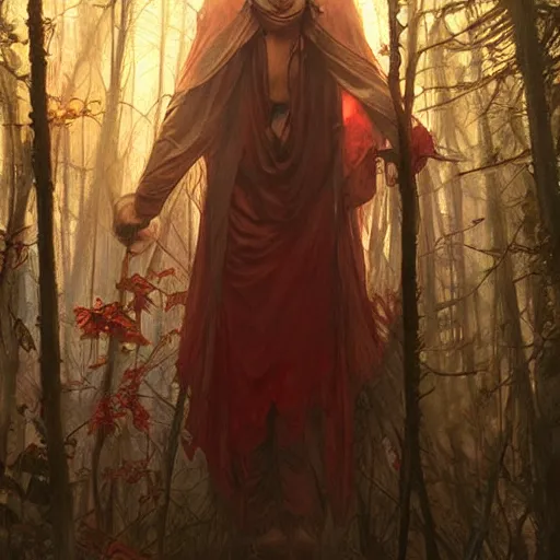 Image similar to man trapped in woods, desperate, dark red regal clothing, sharp focus, intricate, cinematic lighting, smooth, ultra realistic digital art, high fantasy, elegant, by artgerm, greg rutkowski, alphonse mucha