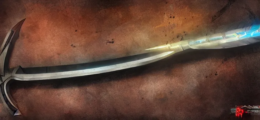 Image similar to legendary cybernetic sword lying flat on a glowing table with a long sharp black and iridescent sword blade, digital award winning hd matte painting, intimate dark moody, intricate, ornate spikes, colorful hilt, detailed realistic, raytraced blade, colored gems, future golden technological pommel, in the style of greg rutkowski and krenz cushart, deviantart
