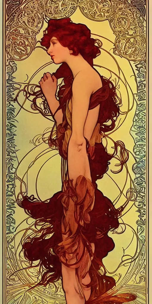 Prompt: highly detailed redhead woman poster style by designer alphonse mucha, maxfield parrish