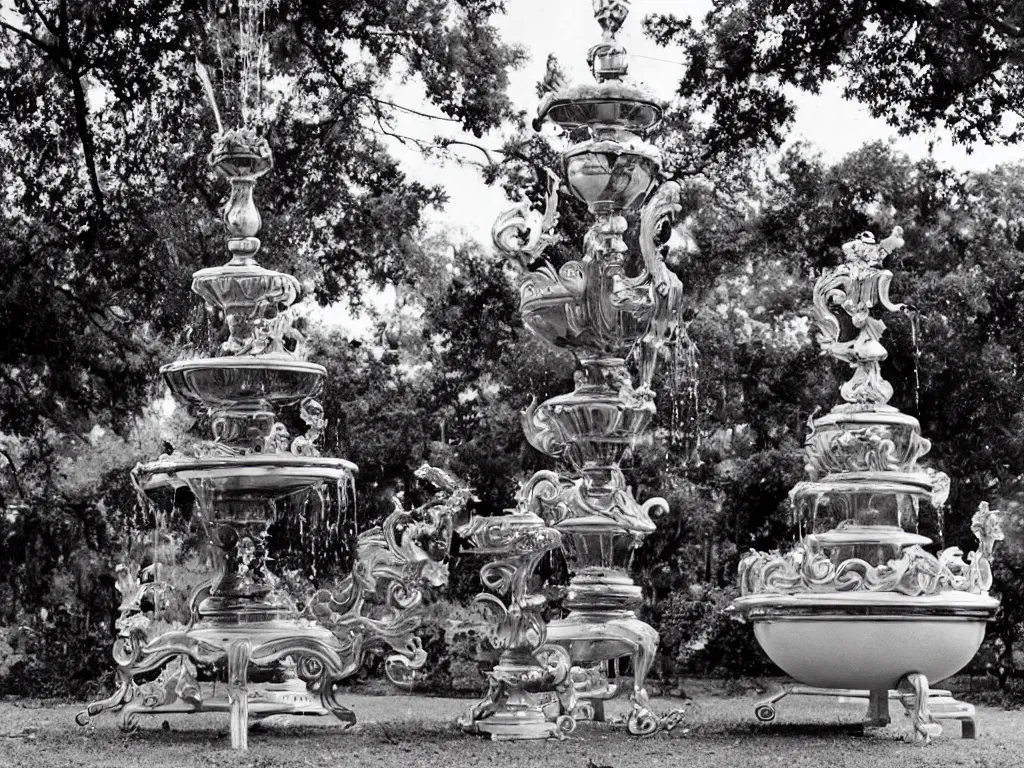 Image similar to Incredible ornate rich beefy gravy fountain in the gardens of the fried chicken mansion. Photograph from Booneville, Louisiana (1971)