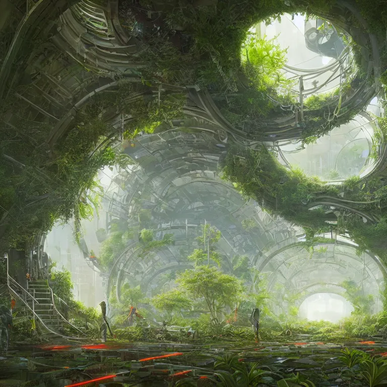 Prompt: a circle portal structure built out of plants, curves, arches, bright cyberpunk glow, epic surrealism, forest green, orange, lime green, dull red, pale blue, Detailed digital matte painting in the style of simon stalenhag, Greg Rutkowski and Greg Hildebrandt artstation