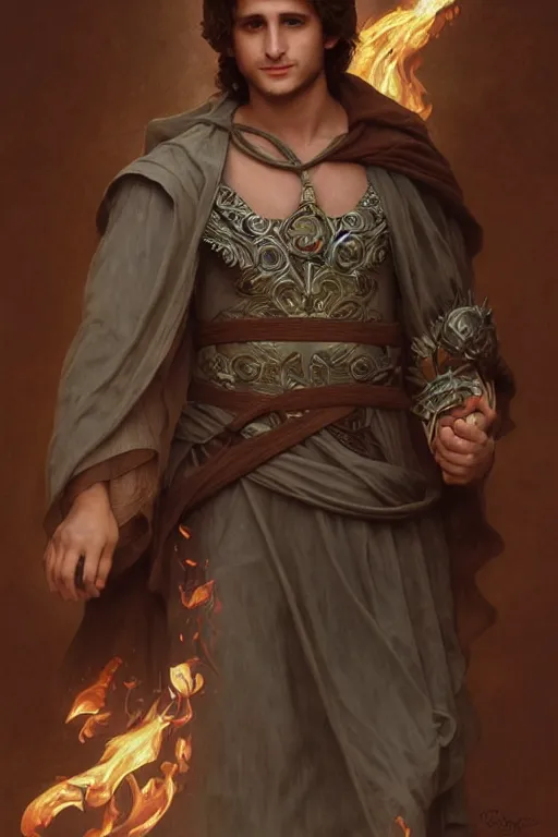 Prompt: Diego Boneta, druid, cleric, flame spell, burning hands, bicpes, muscular, D&D, fantasy, intricate, cinematic lighting, highly detailed, beautiful, digital painting, artstation, masterpiece, concept art, smooth, sharp focus, illustration, art by Artgerm and Greg Rutkowski and Alphonse Mucha and william-Adolphe Bouguereau