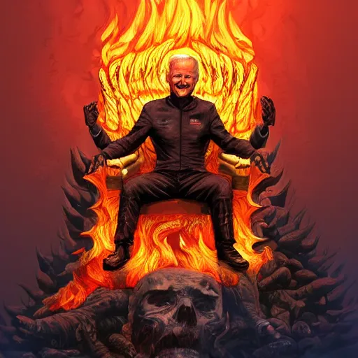 Image similar to Joe Biden sitting on a throne of skulls surrounded by fire, digital painting, highly detailed, trending on Artstation