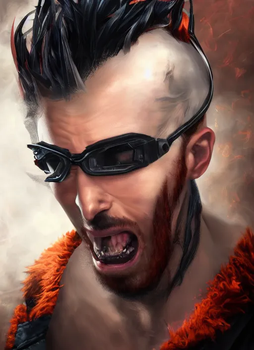 Image similar to An epic fantasy comic book style portrait painting of young man with red spiked long hair, using an orange lens googles. Wearing a black waistcoat, white shirt. He is with a vicious smile in face. Unreal 5, DAZ, hyperrealistic, octane render, cosplay, RPG portrait, dynamic lighting