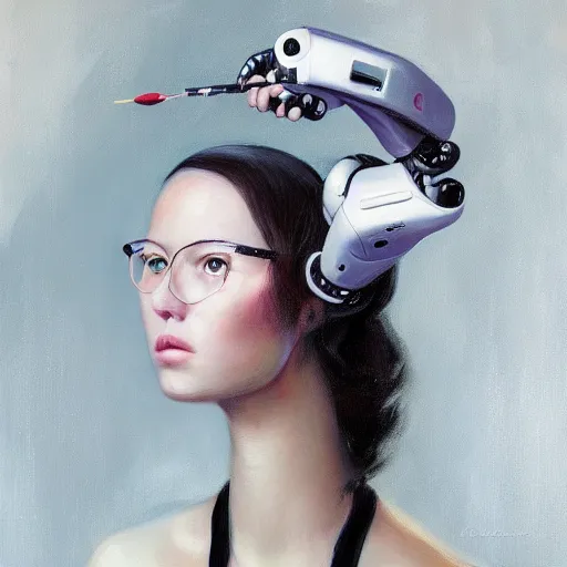 Image similar to a portrait of female young robotic ai artist painting onto a canvas, trending on art station, cosmic, beautiful, by wlop