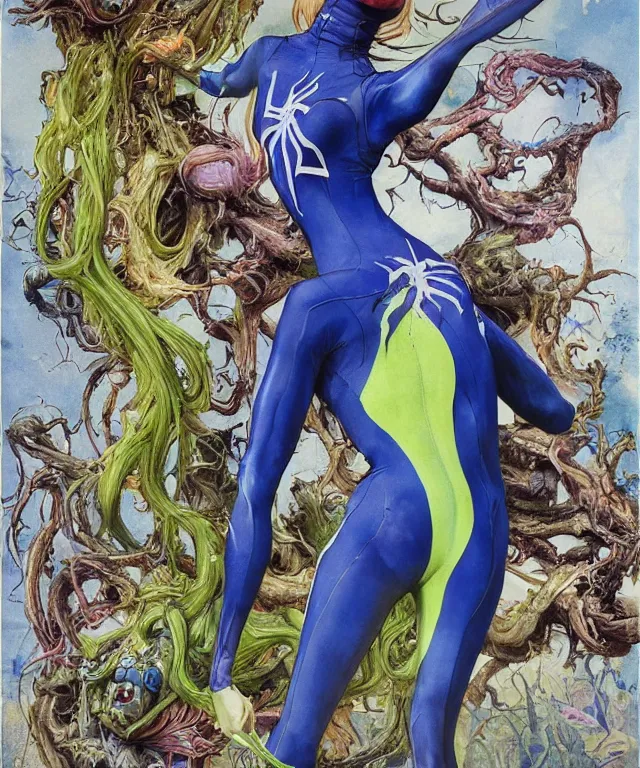 Prompt: a portrait photograph of spider gwen as a mutated harpy super villian with slimy amphibian blue skin. she is wearing a colorful living organic infected catsuit with tendrils and slime. by donato giancola, hans holbein, walton ford, gaston bussiere, peter mohrbacher and brian froud. 8 k, cgsociety, fashion editorial