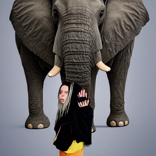 Prompt: billie eilish with elephant's trunk in her face