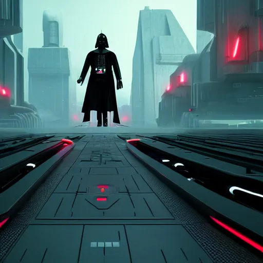 Prompt: photo of Darth vader walking in a futuristic city in a dystopian future made of electronic components and looks like a giant pcb board. Very detailed 8k. Unreal engine 5 render with nanite, global illumination and path tracing. Cinematic post processing. Emphasize on the colors black and red.