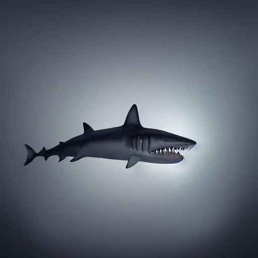 Image similar to giant shark smiling, trending on artstation, dark atmospheric lighting rear view sacred geometry, 8 k