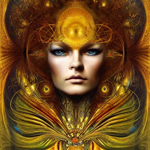 Image similar to Divine Chaos Engine by Karol Bak, Jean Deville, Gustav Klimt, and Vincent Van Gogh, beautiful visionary mystical portrait, sacred, otherworldly, fractal structures, ornate gilded medieval icon, third eye, spirals