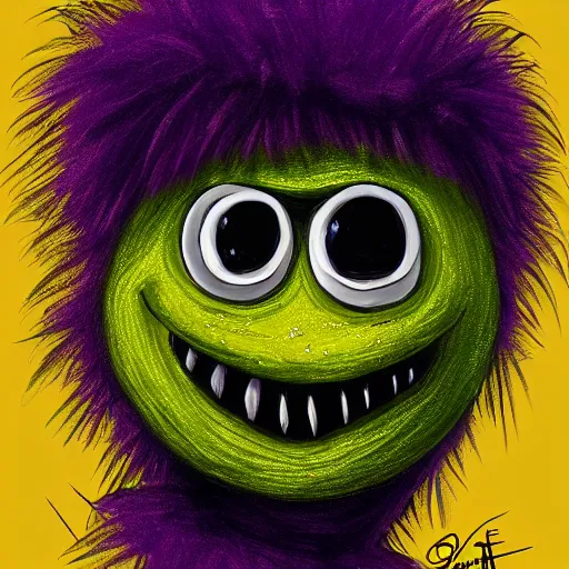 Image similar to a g. 0 ree. 0. tennis ball monster in a purple pimp coat, black and gold, digital art, fantasy, magic, chalk, trending on artstation, ultra detailed, professional illustration by basil gogos