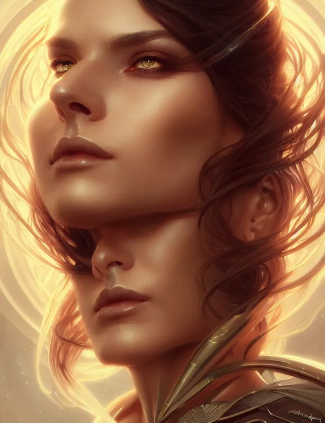 Image similar to futuristic woman portrait, sci-fi, amber eyes, face, long hair, fantasy, intricate, elegant, highly detailed, digital painting, artstation, concept art, smooth, sharp focus, illustration, art by artgerm and greg rutkowski and alphonse mucha