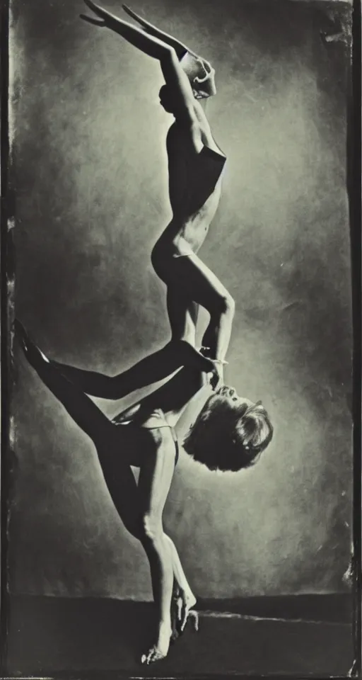 Prompt: wet plate photograph, portrait of Olivia Newton John performing satanic occult dance, Aleister Crowley illustrations on graph paper in the background, 1850