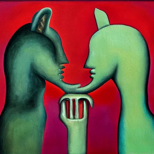 Image similar to Oil painting by Rufino Tamayo. Two mechanical gods with animal faces kissing. Oil painting by Lisa Yuskavage.