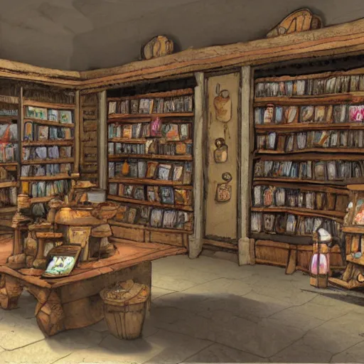 Prompt: store of figurines and statues and books, fantasy concept art