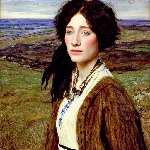 Image similar to a true-to-life portrait of Saoirse Ronan painted by John Everett Millais, real-life accurate, photoshoot