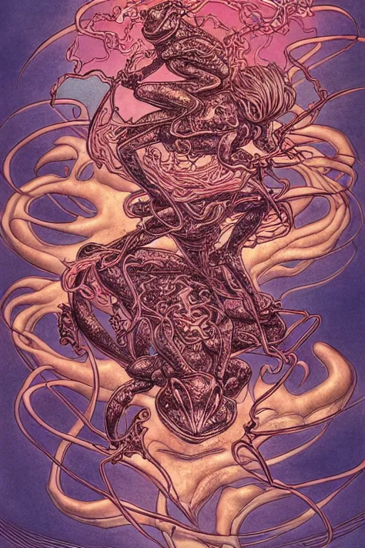 Prompt: illustration of a lightning demon riding a frog, intricate linework, in the style of moebius, ayami kojima, 1 9 9 0's anime, retro fantasy