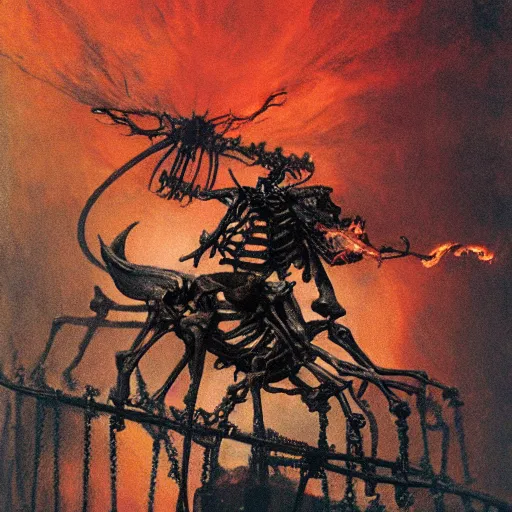 Image similar to a closeup of a skeleton demon riding a carousel in flames, beksinski, dariusz zawadzki