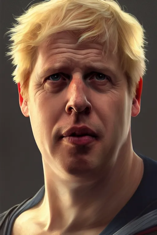 Image similar to Boris Johnson as Superman,realistic portrait, symmetrical, highly detailed, digital painting, artstation, concept art, smooth, sharp focus, illustration, cinematic lighting, art by artgerm and greg rutkowski and alphonse mucha