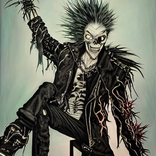 Image similar to a portrait of the grim reaper as a punk rocker, punk, skeleton face, mohawk, dark, fantasy, leather jackets, spiked collars, spiked wristbands, piercings, boots, electric guitars, motorcycles, ultrafine detailed painting by frank frazetta and vito acconci and michael whelan and takeshi obata, death note style, detailed painting