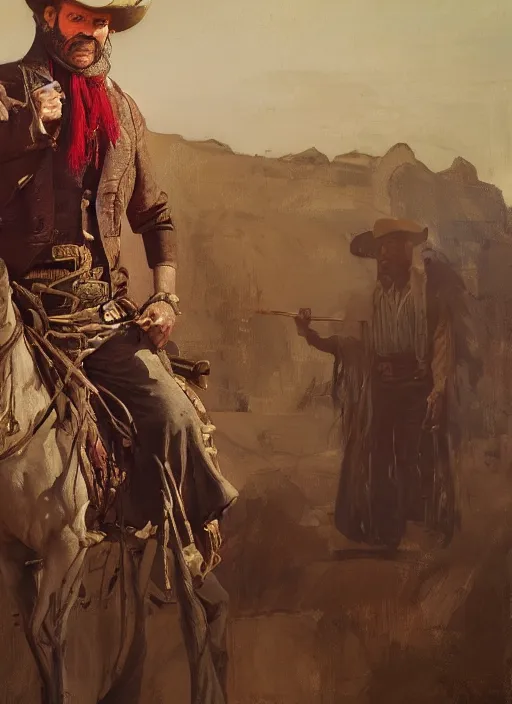 Prompt: Old west circus clown (rdr2, laurie Greasley). Iranian orientalist portrait by john william waterhouse and Edwin Longsden Long and Theodore Ralli and Nasreddine Dinet, oil on canvas. Cinematic, hyper realism, realistic proportions, dramatic lighting, high detail 4k