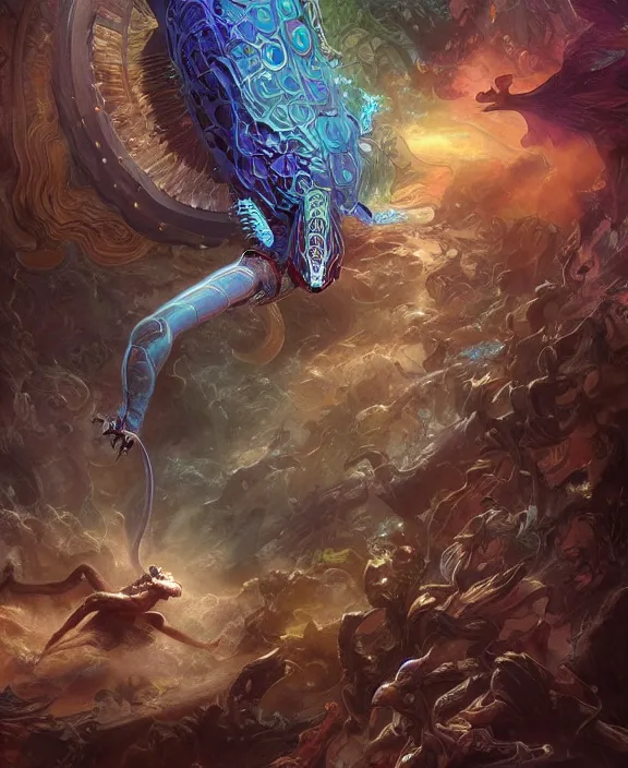 Image similar to a whirlwind of souls rushing inside the metaverse, half body, glowin eyes, mystical insects, mystical birds, lizards, snakes, d & d, fantasy, intricate, elegant, highly detailed, colorful, vivid color, digital painting, artstation, concept art, art by artgerm and greg rutkowski and alphonse mucha and ruan jia