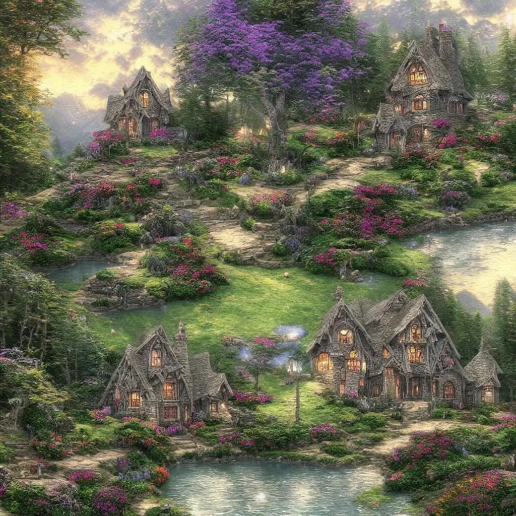 Prompt: beautiful house in lord of the rings in the style of thomas kinkade