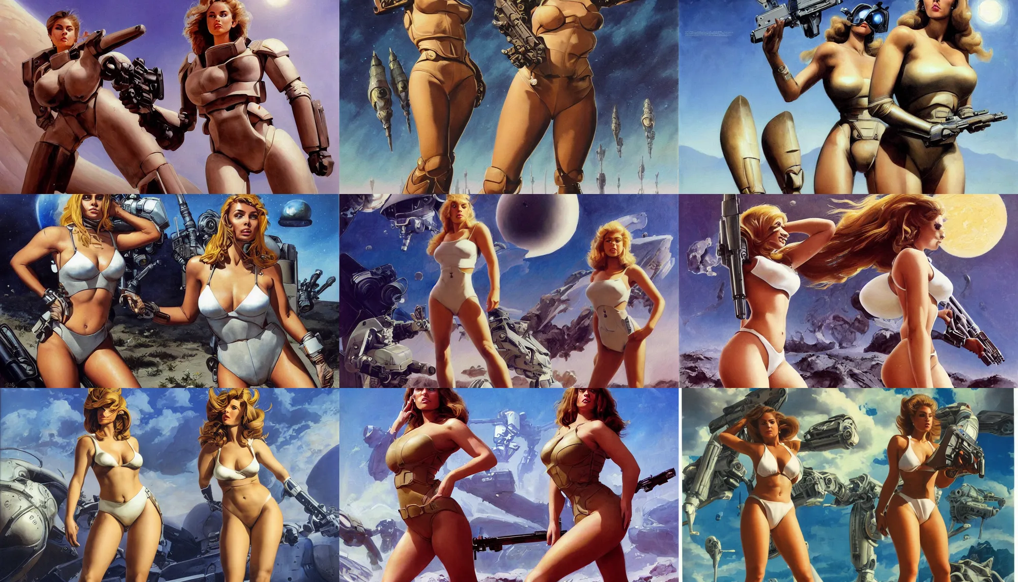 Image similar to A mixed media portrait painting of a very beautiful light-brown-haired woman on an alien planet, very curvy, aesthetic! high-waisted white-bikini-armor and boots, cybernetics, starship-troopers-rifle, aesthetic symmetrical face and eyes, model, wet, pacific-rim-mech in background, by Frank Frazetta, Boris Vallejo, Beeple, Greg Rutkowski, Christian MacNevin, eighties pinup style, epic fantasy character art, high fantasy, CGsociety, exquisite detail, post-processing, masterpiece, cinematic