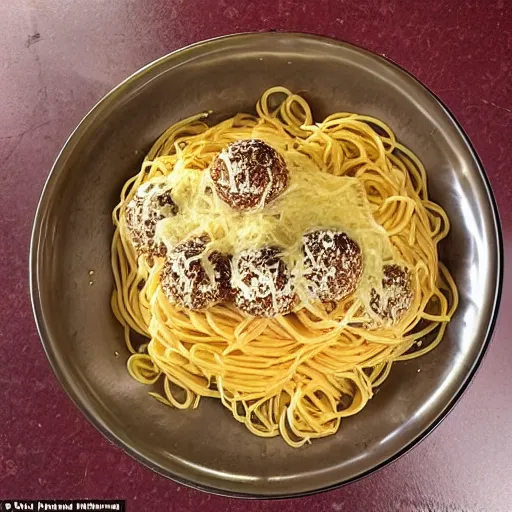 Image similar to On top of spaghetti, All covered with cheese, I lost my poor meatball, When somebody sneezed, It rolled off the table, And onto the floor, And then my poor meatball, Rolled out of the door