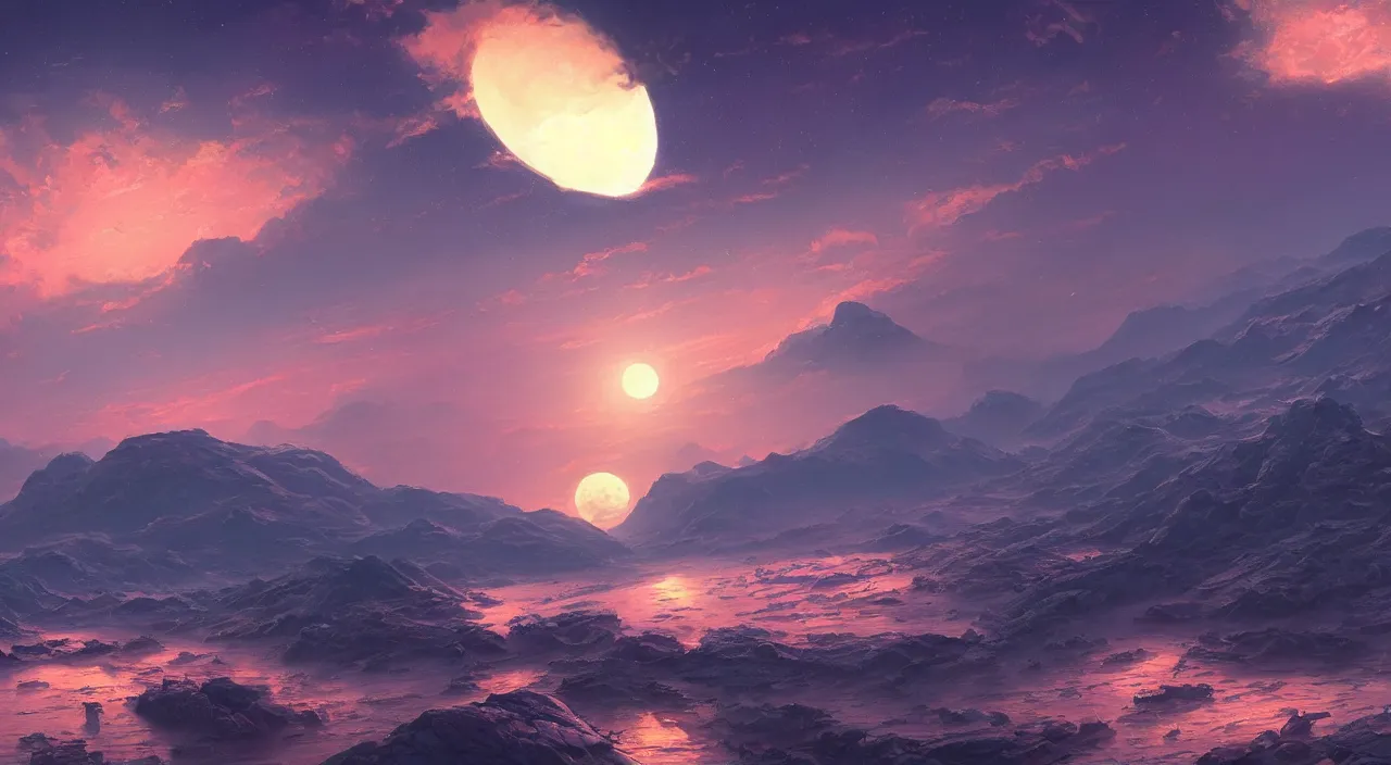 Prompt: The surface of a distant alien planet with large moon visible in the sky and a beautiful landscape of mountains and water. The sky is red and the time of day is sunset，by Makoto Shinkai and Thomas Kinkade, fantasy matte painting, trending on cgsociety and unreal engine，light effect，highly detailed，super wide angle，
