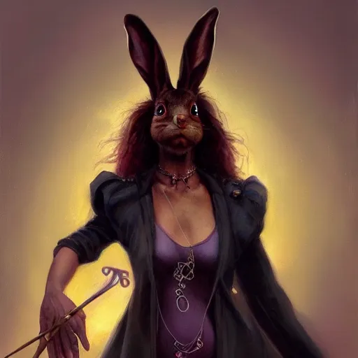 Prompt: oil painting of a rabbit dressed like a female magician holding a magic wand, urban fantasy art by seb mckinnon, artstation npc character design, top - rated