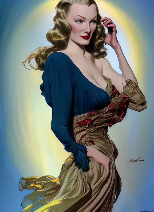 Prompt: veronica lake detailed clothing, half body shot, arms down, path traced, highly detailed, high quality, digital painting, rolf armstrong, karol bak, alphonse mucha, tom bagshaw