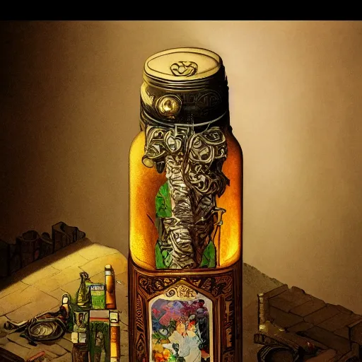 Image similar to a beautiful 🏰 contained inside an ornate vintage bottle by charles vess, studio ghibli & james gurney, artstation, 8 k, beautiful light, hyperrealism, studio photography