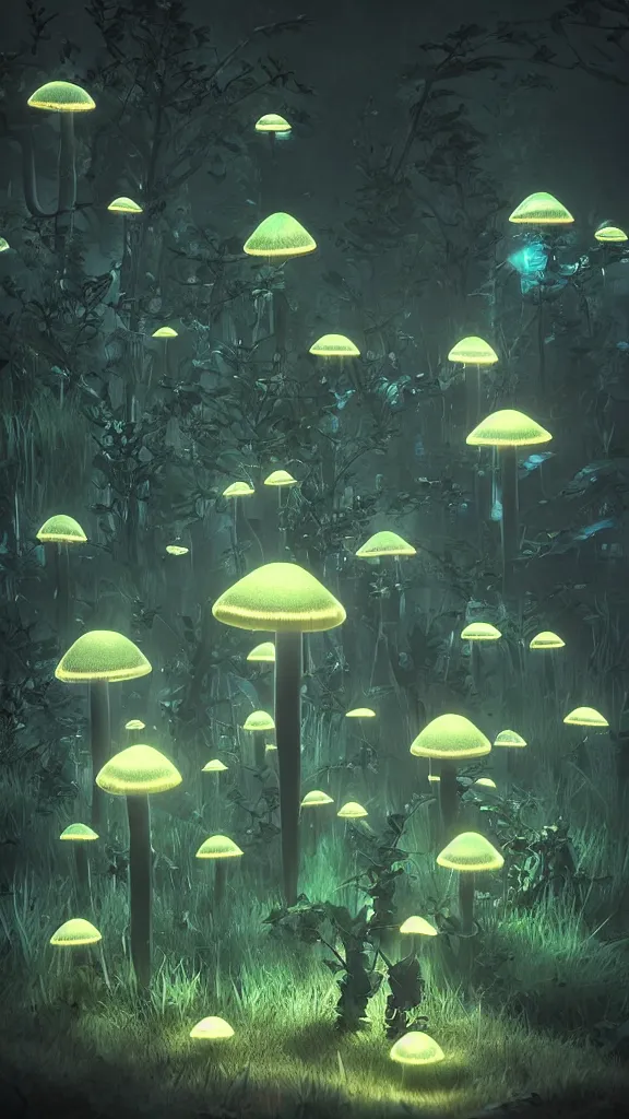 Image similar to “bioluminescent mushrooms, Artstation HQ, photorealistic, hiperrealistic, sharp focus, 4k UHD, Unreal Engine 5, cinematic shot, cinematic lightning, dark tones, high contrast, intricate, masterpiece”