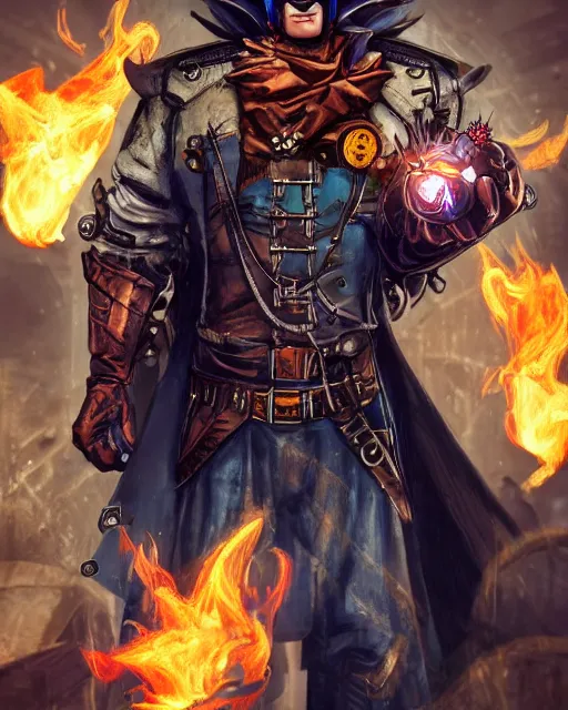 Image similar to steampunk batman with fire and ice magic coming out from his hands in a dystopian environment, full body view, highly detailed, amazing digital art, artstation, sharp focus