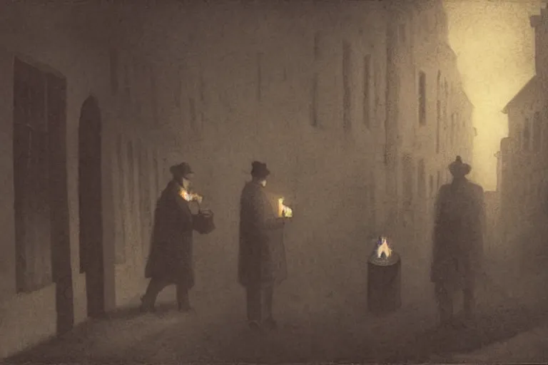 Image similar to two men in long trenches talking, early 20th century urban background, dark foggy streets lighted by torches, their light flickering off the windows, surreal illustration, baroque