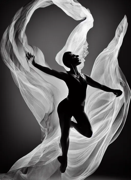 Image similar to a Photorealistic dramatic hyperrealistic render of a glamorous beautiful Female smoke dancer by Ken Brower and Deborah Ory of NYC Dance project,Lois Greenfield,Flowing cloth and smoke,Beautiful dynamic dramatic dark moody lighting,volumetric,shadows,cinematic atmosphere,Octane render,8K