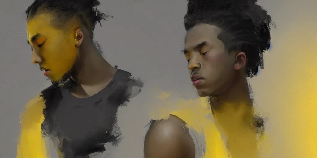 Prompt: painting of a cinematic still of a young light - skin black rapper singing, wearing a white tank top, extremely detailed digital painting, in the style of fenghua zhong and ruan jia and jeremy lipking and peter mohrbacher, predominant colors are black and yellow, rim light, beautiful lighting, 8 k, raytracing, octane, trending on artstation